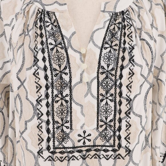 CHICO'S Poplin Embellished A-Line Midi Dress Boho Geo Print Tan Black Size 0/S - Picture 6 of 9